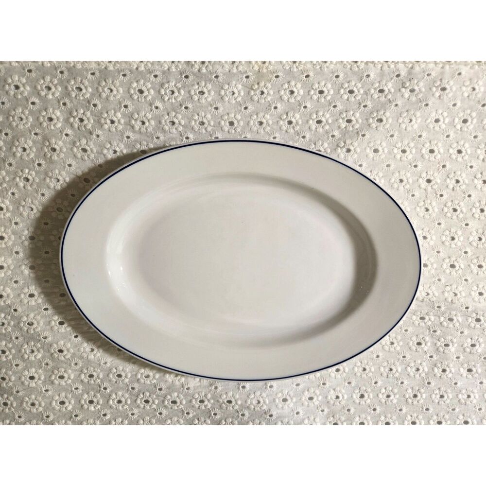 Vintage Lubiana White Oval Serving Platter w/Blue Trim Made in Poland 10"x7"